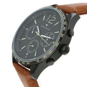 Left side perspective of the Tommy Hilfiger 1791470 black dial and tan leather strap