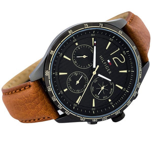 Angled view of the Tommy Hilfiger 1791470 highlighting the black ion-plated stainless steel case
