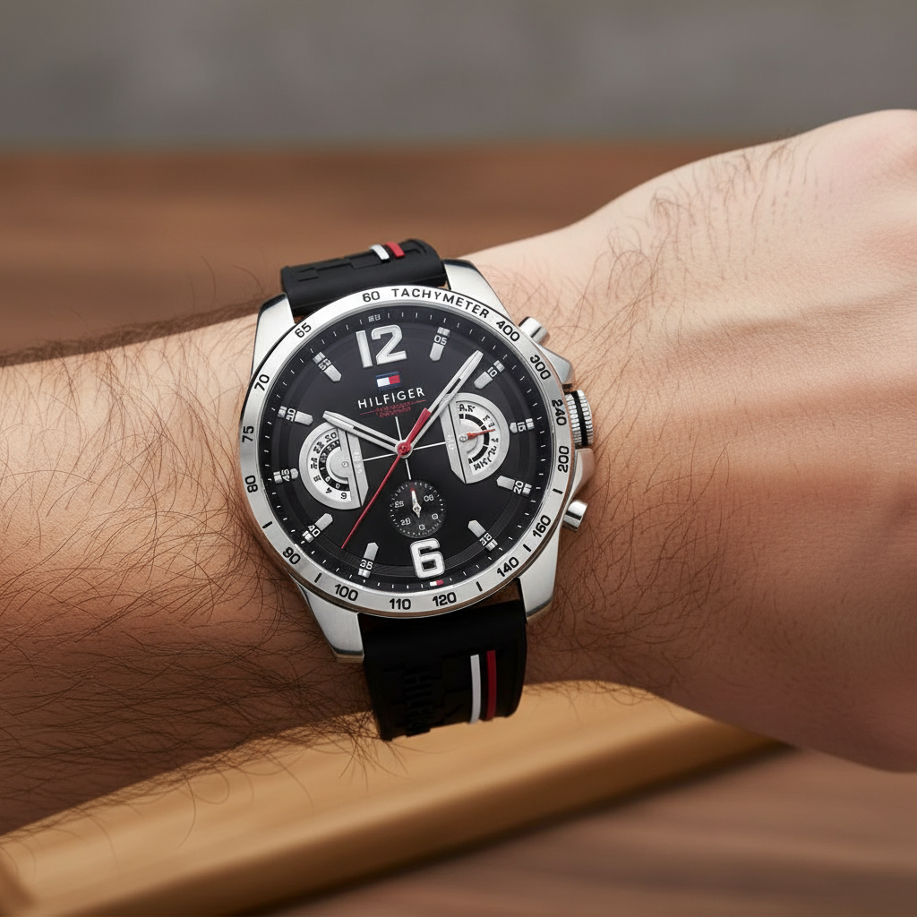 Close up shot of Tommy Hilfiger 1791473 watch on wrist showing the black dial and tachymeter