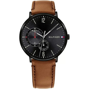 Tommy Hilfiger Brooklyn 1791510 men's watch with black case black dial and light brown leather strap