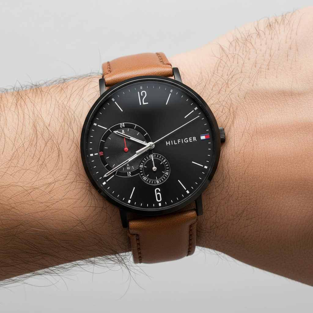 Close up shot of Tommy Hilfiger 1791510 watch on wrist showing the minimalist black dial