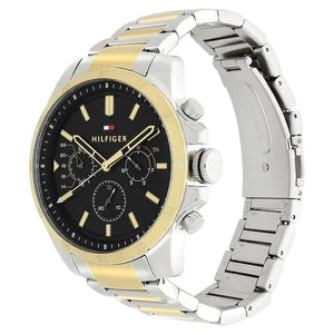 Angled view of the Tommy Hilfiger 1791559 highlighting the two-tone stainless steel case