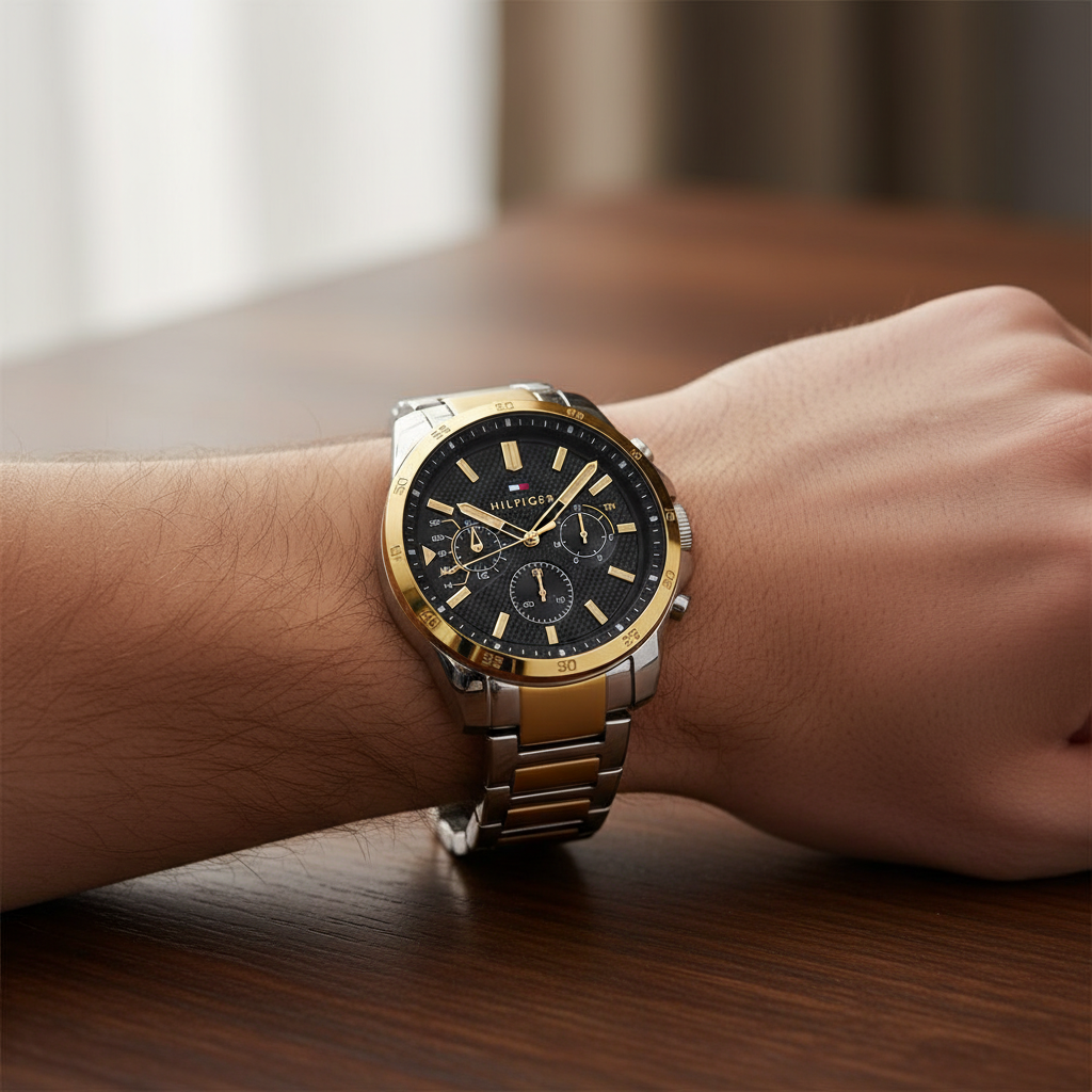Close up shot of Tommy Hilfiger 1791559 watch on wrist showing the black dial and gold accents