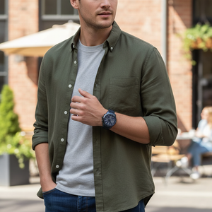 Male model wearing Tommy Hilfiger 1791560 all-blue watch with a matching stylish outfit