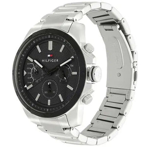 Angled view of Tommy Hilfiger 1791564 highlighting the polished silver case and integrated stainless steel bracelet