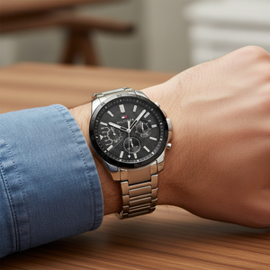 Close up shot of Tommy Hilfiger 1791564 on wrist showing the black dial with multi-function sub-dials and silver-tone hands