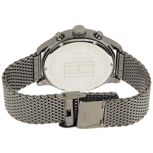 Left side perspective of the Tommy Hilfiger 1791597 grey dial and mesh bracelet