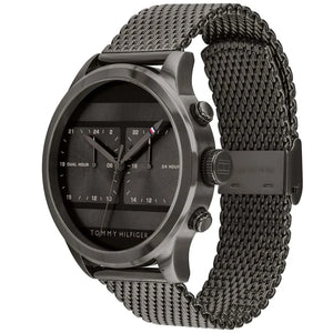 Angled view of the Tommy Hilfiger 1791597 highlighting the slim gunmetal stainless steel case