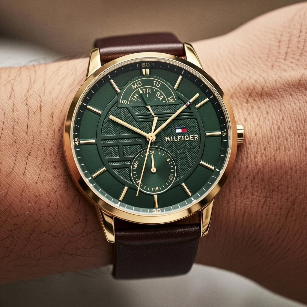 Close up shot of Tommy Hilfiger 1791607 watch on wrist showing the textured green dial details
