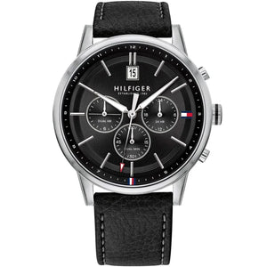 Tommy Hilfiger Kyle 1791630 men's watch with silver case black dual-time dial and black leather strap