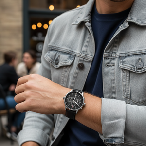 Male model wearing Tommy Hilfiger 1791630 silver watch with a business casual outfit