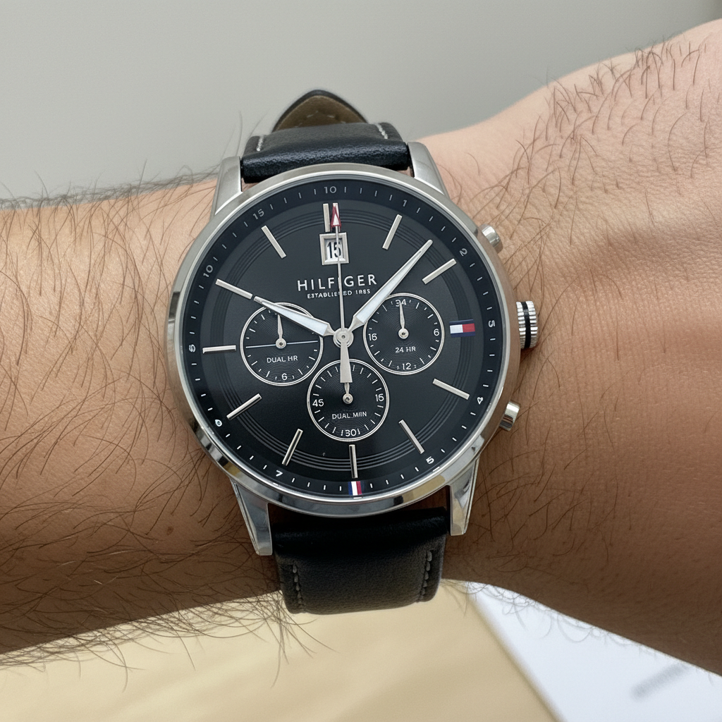 Close up shot of Tommy Hilfiger 1791630 watch on wrist showing the dual time and 24-hour subdials