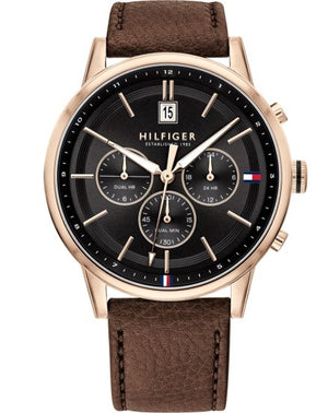 Tommy Hilfiger Kyle 1791631 men's watch with rose gold case black dial and brown leather strap