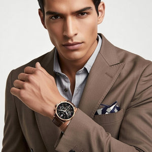 Male model wearing Tommy Hilfiger 1791631 rose gold watch with a casual outfit