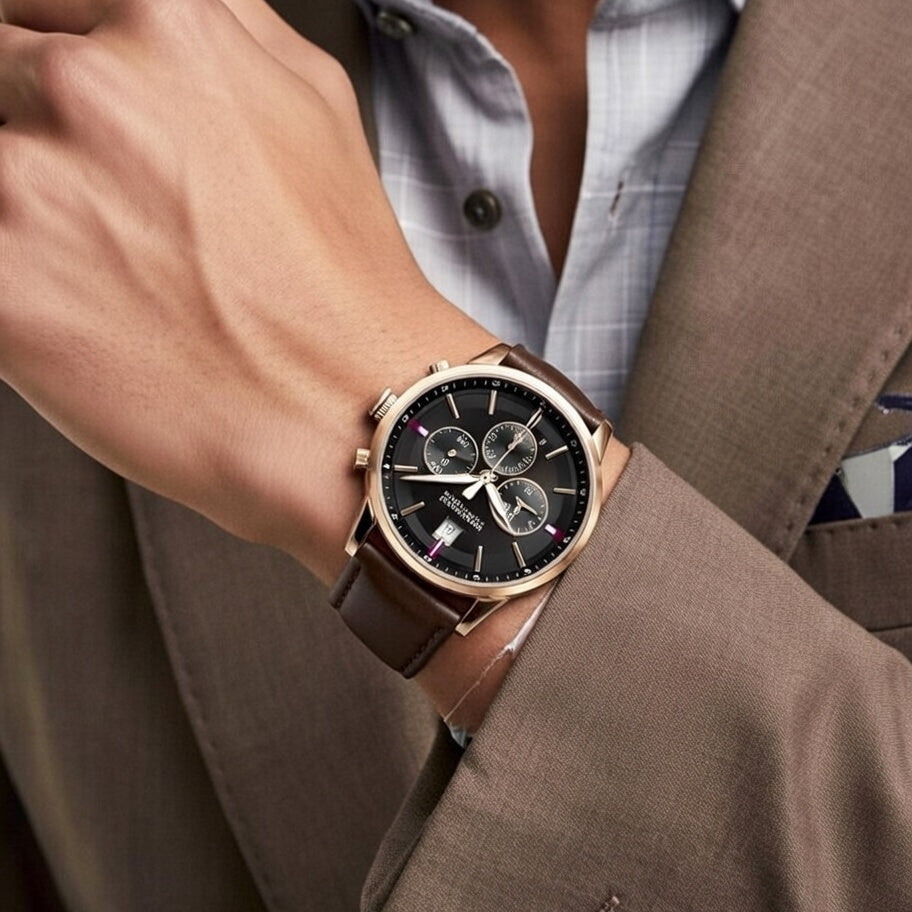 Close up shot of Tommy Hilfiger 1791631 watch on wrist showing black dual time dial