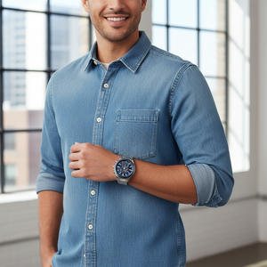Male model wearing Tommy Hilfiger 1791640 silver watch with a smart office outfit