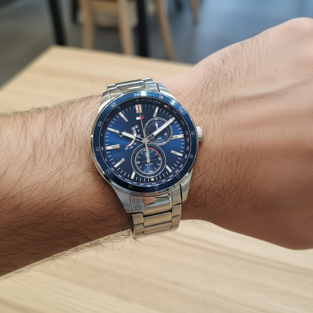Close up shot of Tommy Hilfiger 1791640 watch on wrist showing the blue dial and horizontal sub-dials