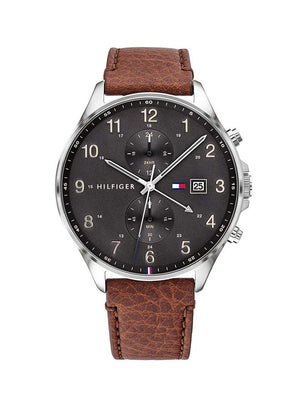 Tommy Hilfiger Banks 1791710 men's watch with brown leather strap and dark grey dial