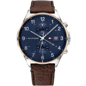 Tommy Hilfiger West 1791712 men's watch with silver case blue dial and brown leather strap