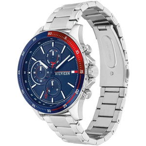 Angled view of Tommy Hilfiger 1791718 highlighting the bold pepsi bezel and polished silver-tone case