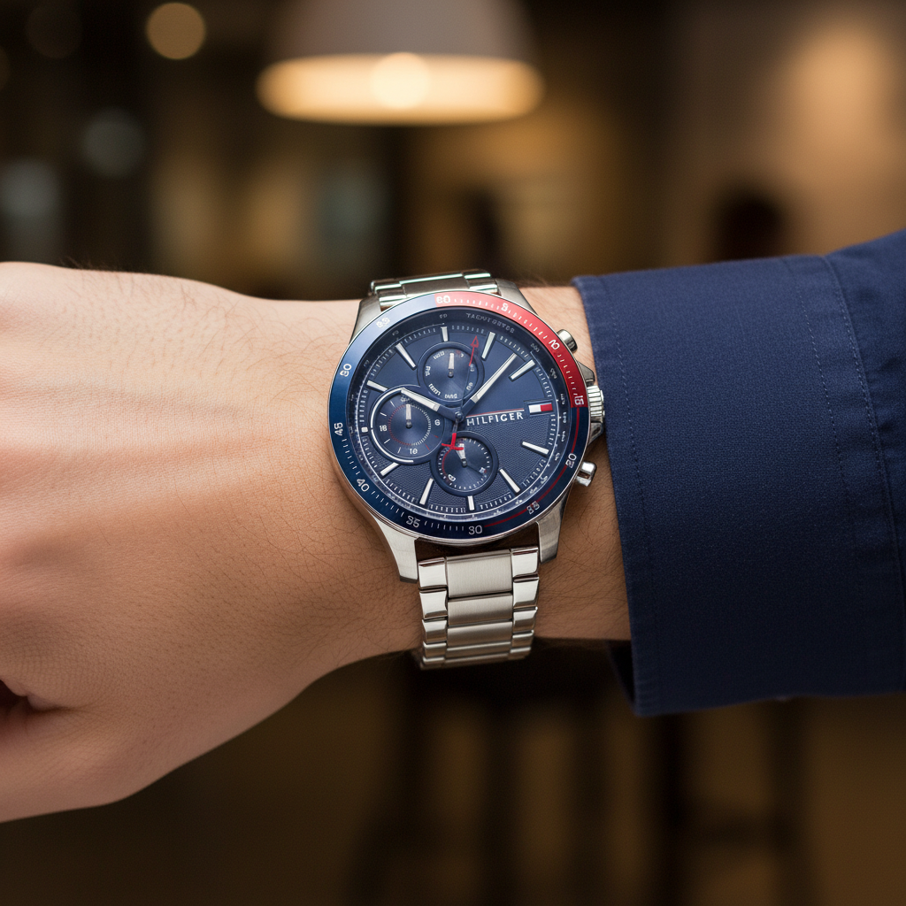 Close up shot of Tommy Hilfiger 1791718 on wrist showing the blue dial with silver-tone sub-dials and red accents