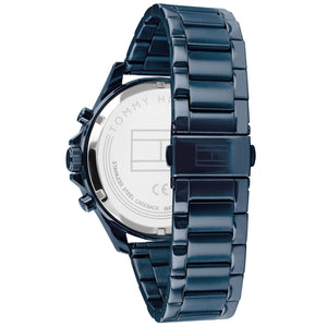 Left side perspective of the blue ion-plated stainless steel link bracelet on the Tommy Hilfiger Bank watch