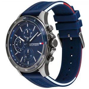 Angled view of the Tommy Hilfiger 1791721 highlighting the gunmetal grey stainless steel case