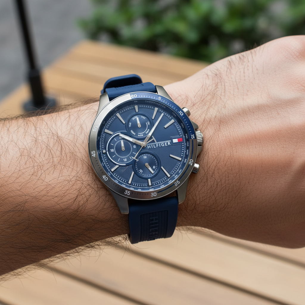 Close up shot of Tommy Hilfiger 1791721 watch on wrist showing the blue tachymeter style dial