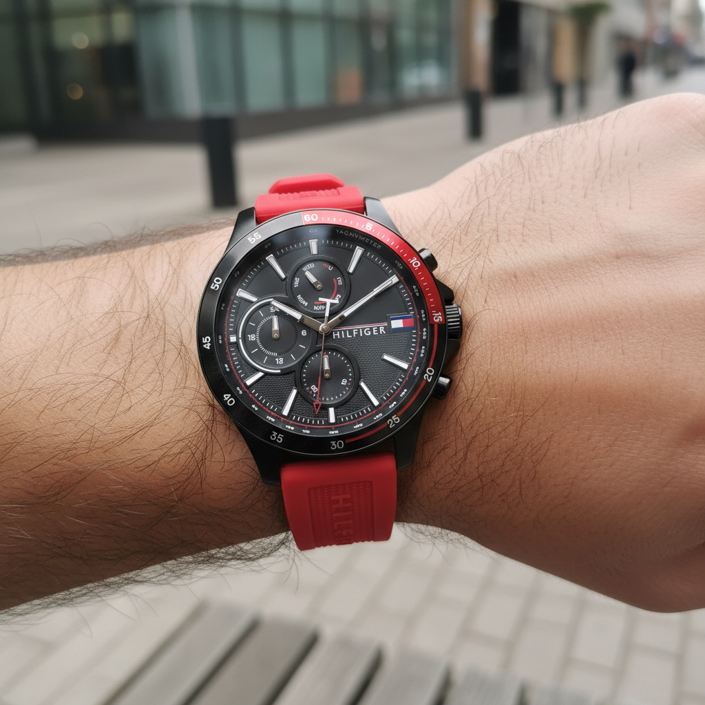 Close up shot of Tommy Hilfiger 1791722 on wrist showing the black dial with silver and red accents