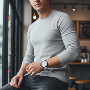 Male model wearing Tommy Hilfiger Bank 1791723 white rubber watch with a casual summer outfit