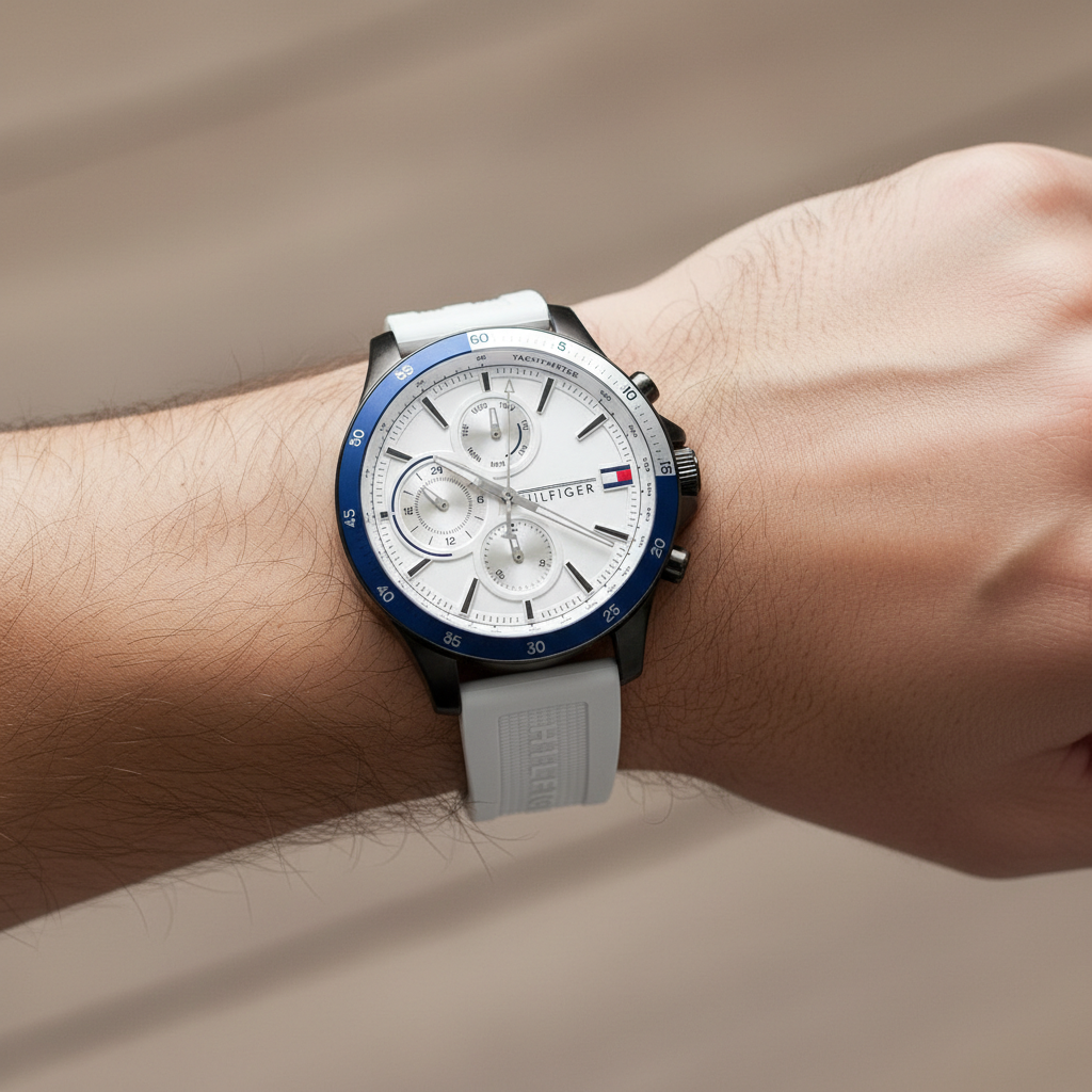 Close up macro view of the white dial and sub-dials of Tommy Hilfiger 1791723