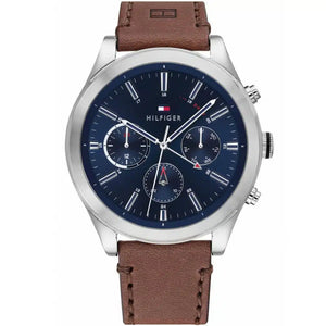 Tommy Hilfiger Ashton 1791741 men's watch with silver case blue dial and brown leather strap