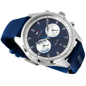 Side profile view of the polished silver case of the Tommy Hilfiger 1791781