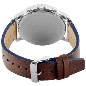 Left side perspective of the Tommy Hilfiger 1791797 blue dial and brown leather strap