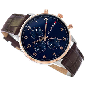 Detailed side view of the rose gold crown and pushers on the Tommy Hilfiger 1791798