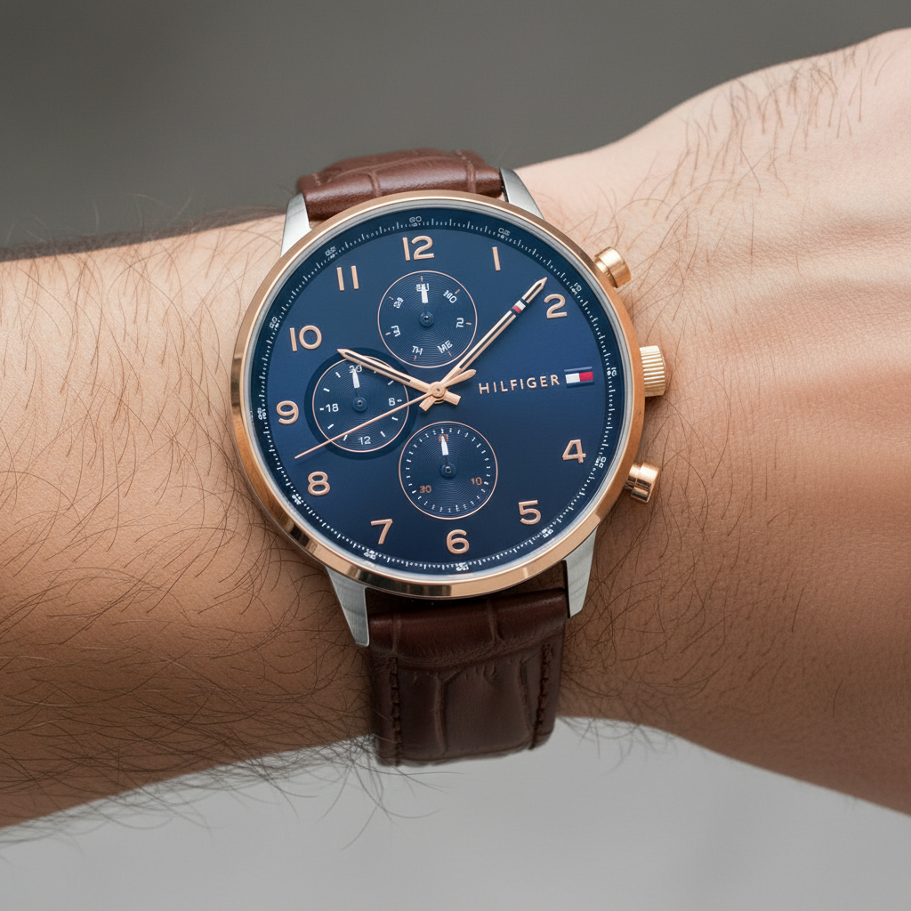Tommy Hilfiger Jameson 1791798 men's watch with rose gold case black dial and black leather strap