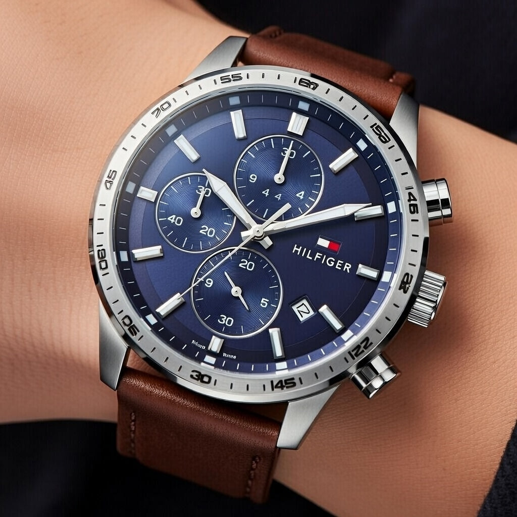 Close up shot of Tommy Hilfiger 1791807 watch on wrist showing the industrial blue dial details