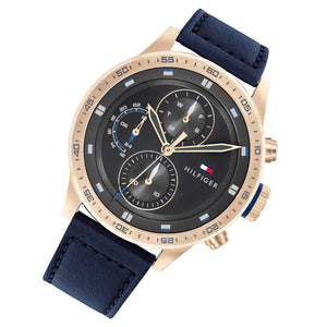 Left side perspective of the Tommy Hilfiger 1791808 grey dial and blue leather strap