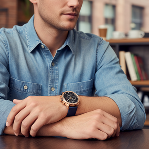 Male model wearing Tommy Hilfiger 1791808 rose gold watch with a smart casual outfit
