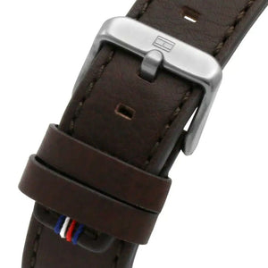 Gunmetal buckle on the genuine brown leather strap of the Tommy Hilfiger 1791809