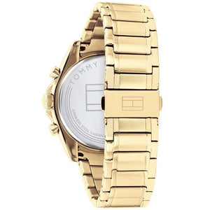 Left side perspective of the Tommy Hilfiger 1791834 blue dial and gold bracelet