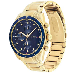 Angled view of the Tommy Hilfiger 1791834 highlighting the gold-tone stainless steel case