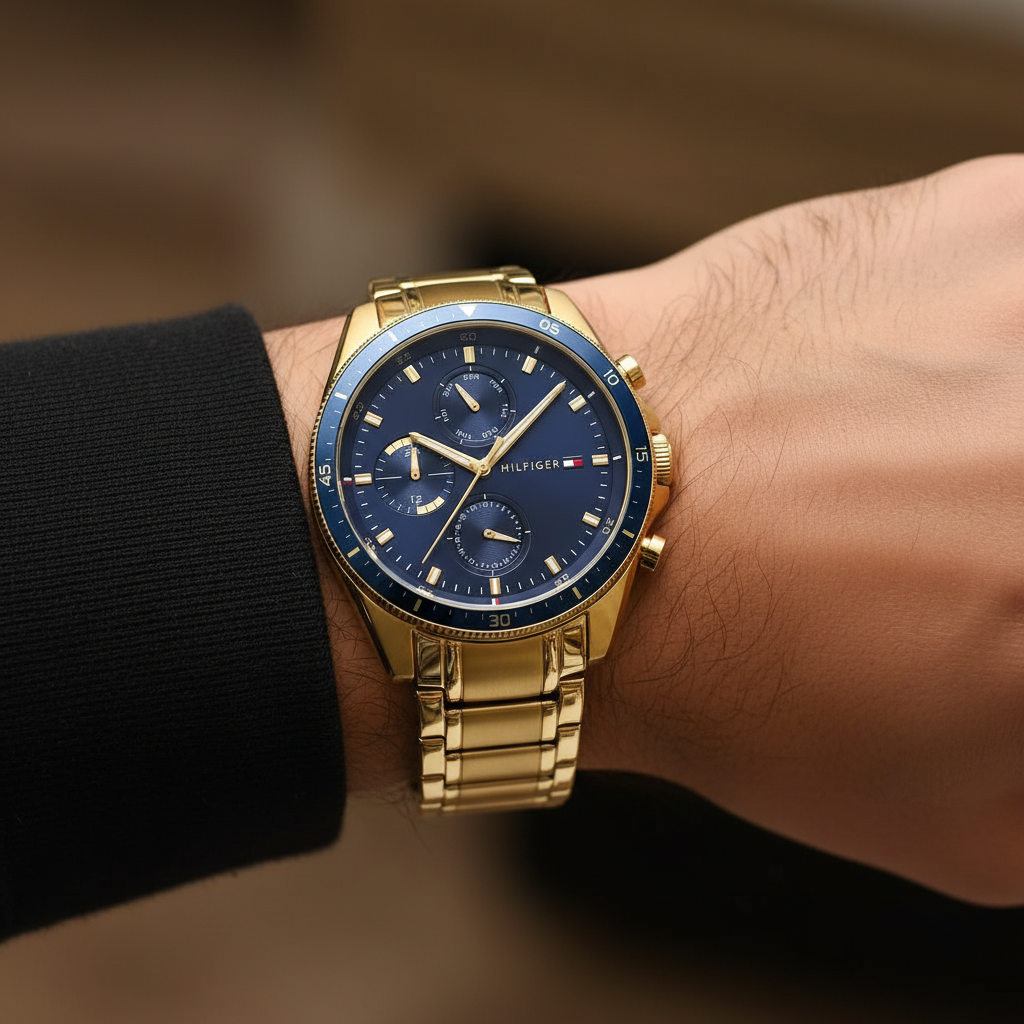 Close up shot of Tommy Hilfiger 1791834 watch on wrist showing the blue dial and gold details