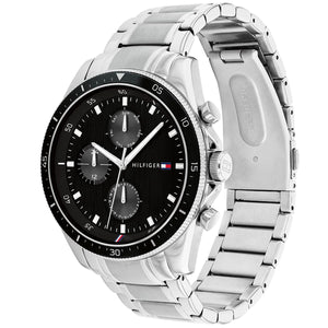 Angled view of the Tommy Hilfiger 1791835 highlighting the silver stainless steel case and black bezel