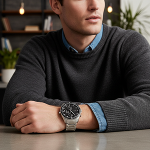 Male model wearing Tommy Hilfiger 1791835 silver watch with a smart casual outfit