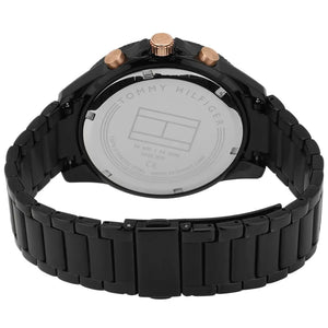 Left side perspective of the black case and bezel details of the Tommy Hilfiger watch