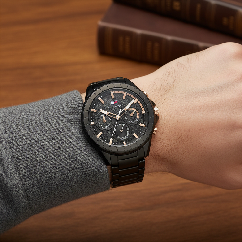 Close up shot of Tommy Hilfiger 1791858 on wrist showing the textured black dial with multi-function sub-dials and gold-tone hands