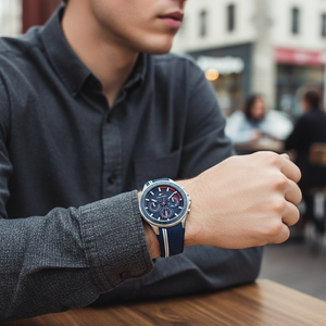 Male model wearing Tommy Hilfiger 1791859 silver watch with a summer casual outfit