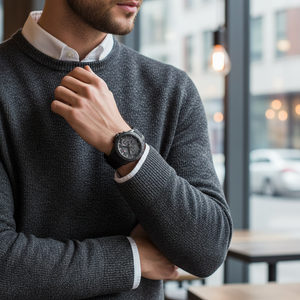 Male model wearing Tommy Hilfiger 1791861 all-black watch with a dark casual outfit