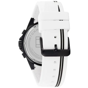 Left side perspective of the Tommy Hilfiger 1791862 white dial and silicone strap branding
